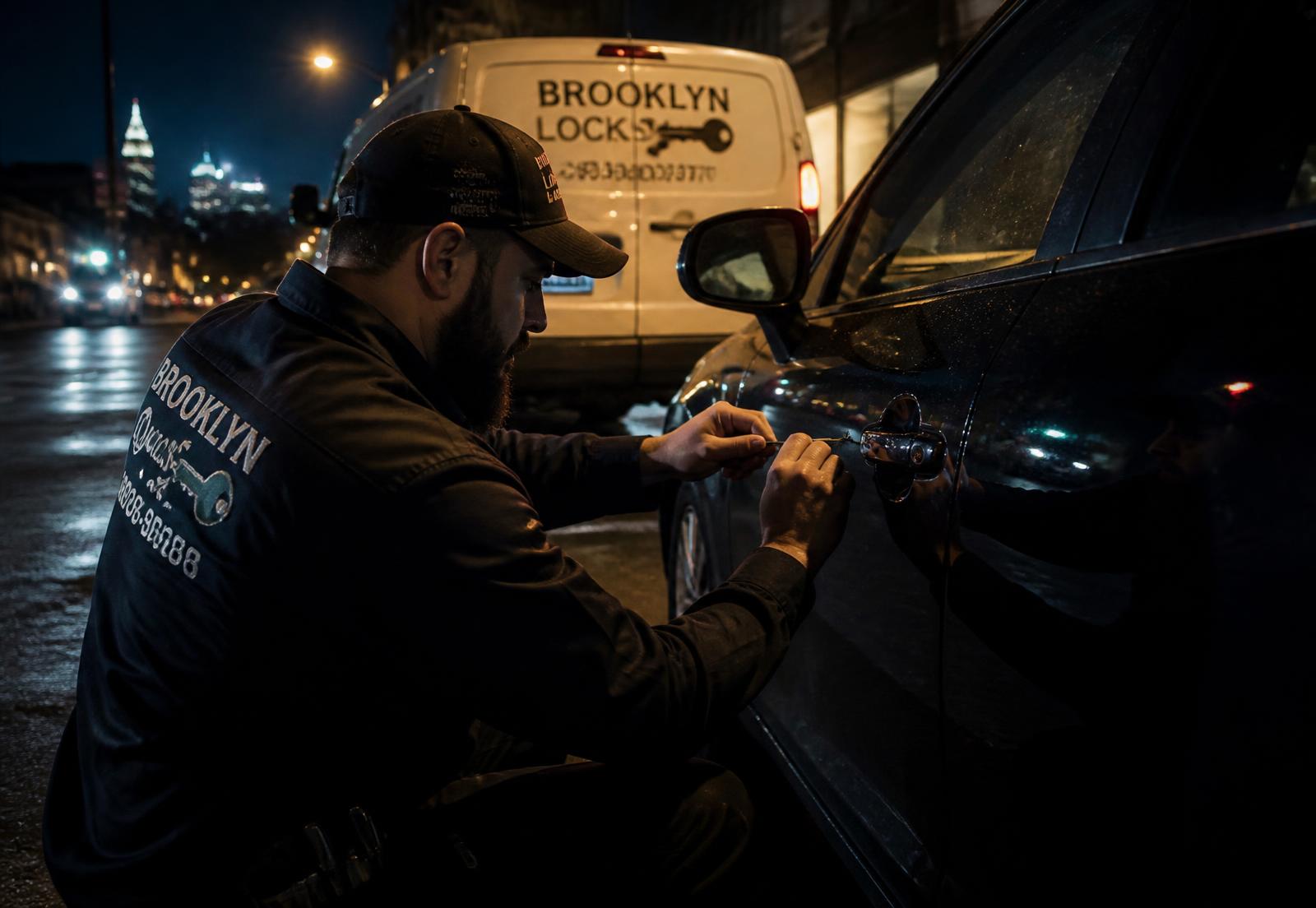 FirstCall Locksmith technician unlocking a car door at night in Brooklyn